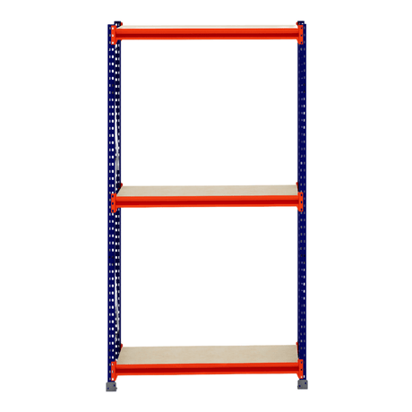 RackZone Longspan Shelving, 3 wood shelves, blue-orange frame, 400mm depth.