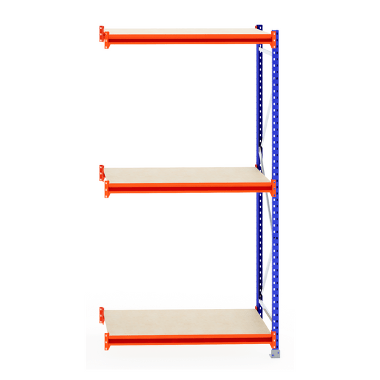 RackZone Longspan 800mm Laminated Timber Extender Shelving, blue and orange.