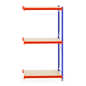 RackZone Longspan 800mm Laminated Timber Extender Shelving, blue and orange.