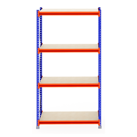 RackZone Longspan Shelving, 4 timber shelves, blue/orange frame, 800mm deep.