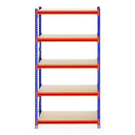 RackZone Longspan Shelving 800mm with five empty timber shelves, front view.