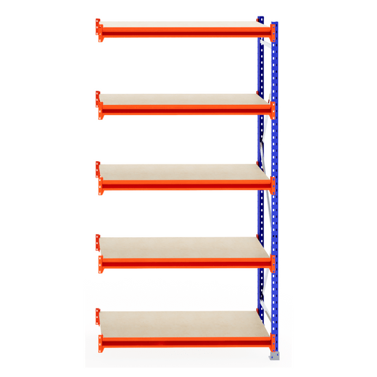 RackZone Longspan 800mm timber shelving, blue frame, orange supports.