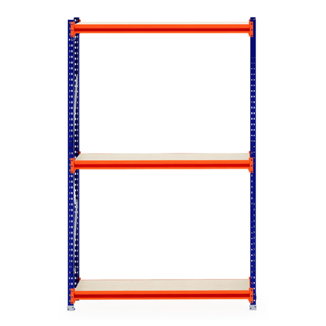 RackZone Longspan 400mm shelving with blue frame and orange supports, empty shelves.