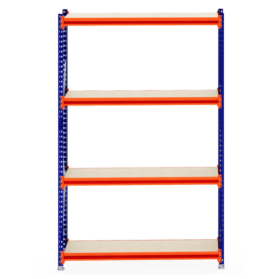 RackZone Longspan Shelving, blue/orange frame, 5 shelves, 400mm depth.