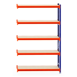 RackZone Longspan Shelving 400mm with laminated timber extender, orange and blue.