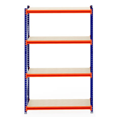 RackZone Longspan Shelving Starter with 4 empty laminated timber shelves.