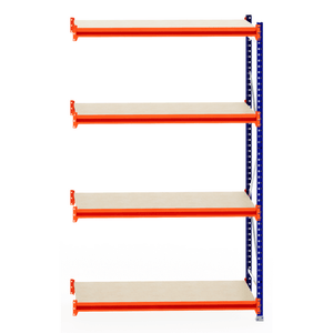 RackZone Longspan Shelving: 4 laminated timber shelves with orange supports.