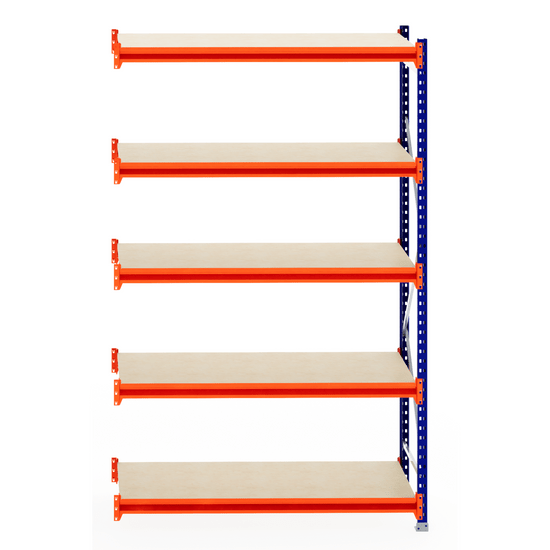 RackZone Longspan Shelving Extender with 5 beige timber shelves, blue/orange frame.