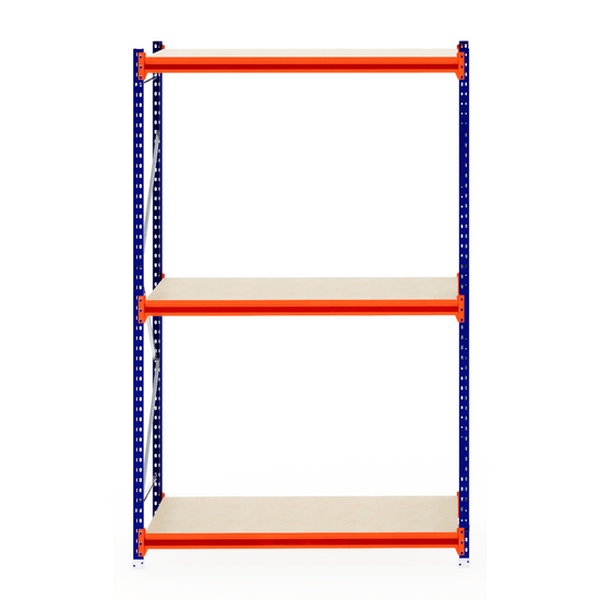 RackZone Longspan Shelving 800mm with orange supports and blue frame.