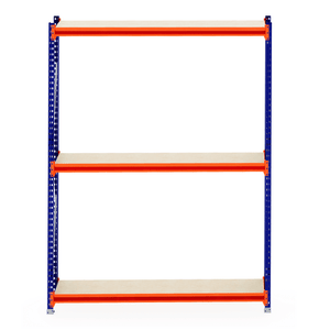 RackZone Longspan Shelving, 3 timber shelves, blue-orange frame, 400mm depth.