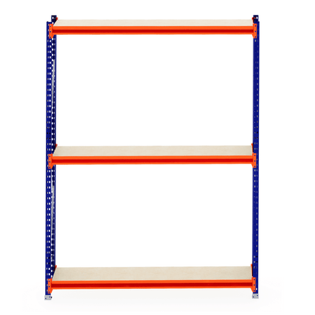 RackZone Longspan Shelving, 3 timber shelves, blue-orange frame, 400mm depth.