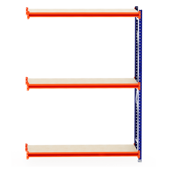 RackZone Longspan Shelving 400mm, laminated timber shelves, orange beams.