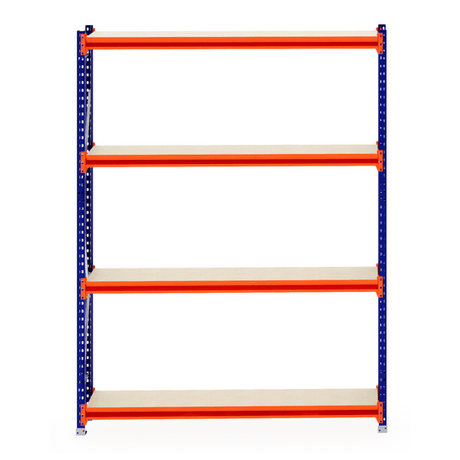 RackZone Longspan Shelving 400mm, blue frame, orange supports, shelves empty.