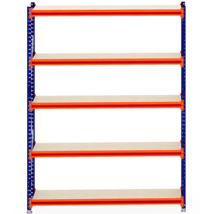 RackZone Longspan Shelving 400mm Depth Laminated Timber - 6 tiers, blue/orange.