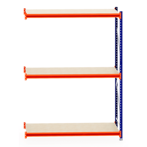 RackZone Longspan Extender: 3-tier metal shelving with timber shelves, front view.