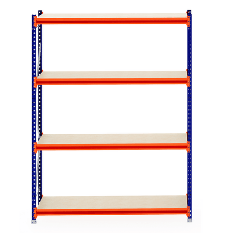 RackZone Longspan Starter shelf, 5 tiers, blue frame, orange supports, 600mm deep.