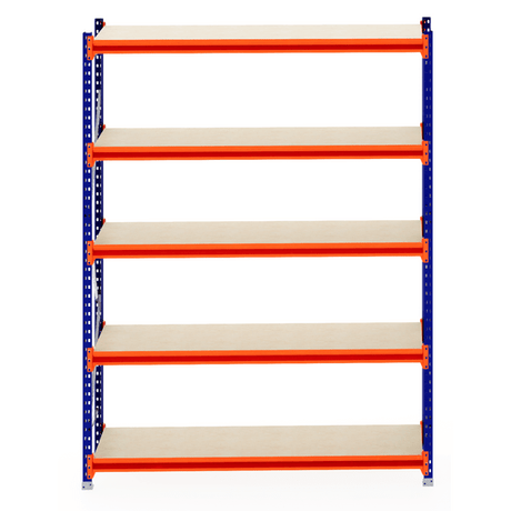 RackZone Longspan Starter: 6-tier shelving, blue frame, orange beams, timber shelves.