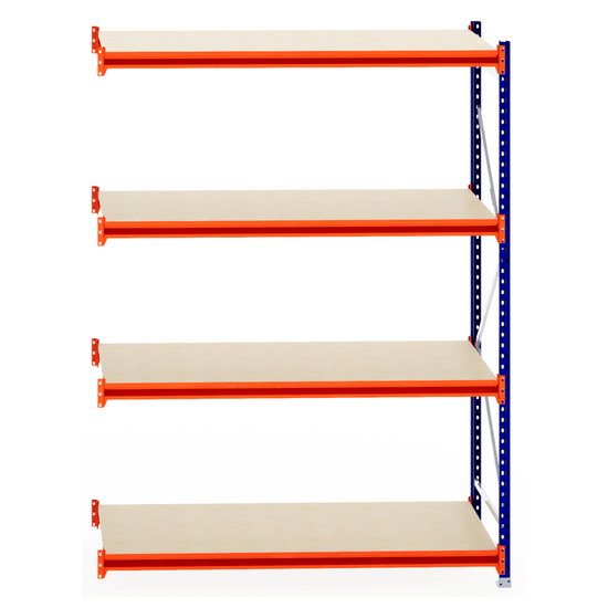 RackZone Longspan Shelving Extender, 800mm timber shelves, blue support.