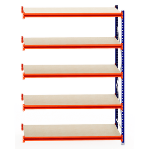 RackZone Longspan Extender, 6 timber shelves, orange & blue frame, 800mm deep.