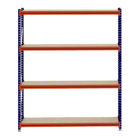 The RackZone Longspan Shelving has 4 timber shelves and a colorful frame.