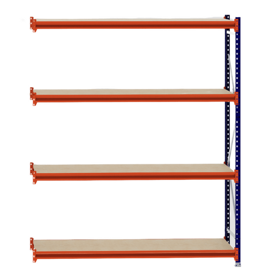 RackZone Longspan 600mm Extender with laminated timber shelves, orange beams.