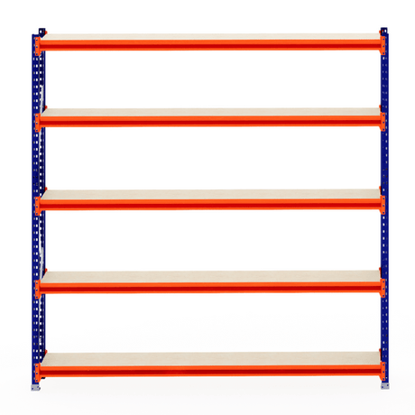 RackZone Longspan Shelving 400mm, laminated timber, blue & orange frame.