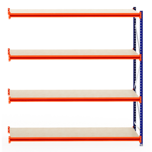 RackZone Longspan Shelving Extender, 4-tier, orange/blue frame, 800mm depth.