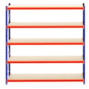 RackZone Longspan Shelving, blue & orange, 800mm deep laminated timber.