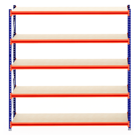RackZone Longspan Shelving, blue & orange, 800mm deep laminated timber.