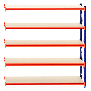 RackZone Longspan 6-tier shelving, 800mm deep timber shelves, front view.