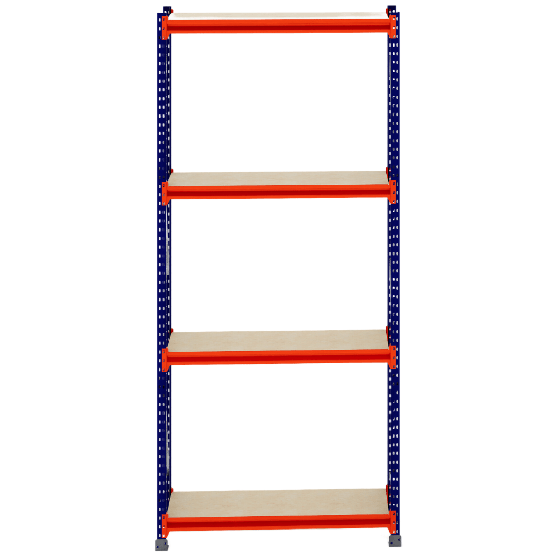 RackZone Longspan Shelving, 4 timber shelves, blue-orange frame, 400mm depth.