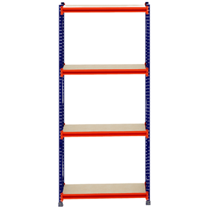 RackZone Longspan Shelving, 4 timber shelves, blue-orange frame, 400mm depth.