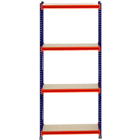 RackZone Longspan Shelving, 4 timber shelves, blue-orange frame, 400mm depth.