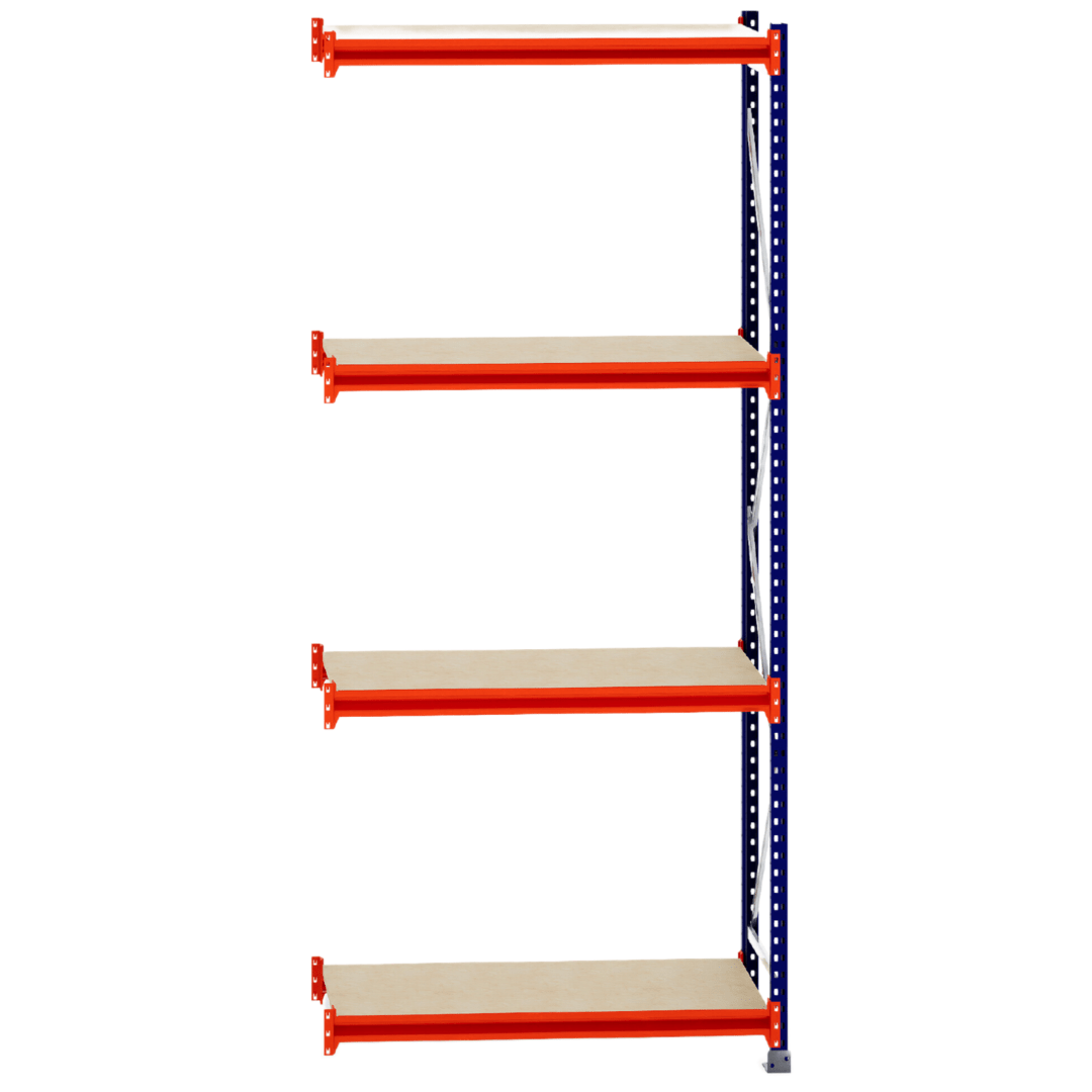 RackZone Longspan Shelving, 4 timber shelves, orange beams, 400mm depth.