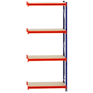 RackZone Longspan Shelving, 4 timber shelves, orange beams, 400mm depth.