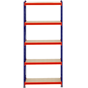 RackZone Longspan Shelving 400mm, timber shelves, blue frame, orange supports.