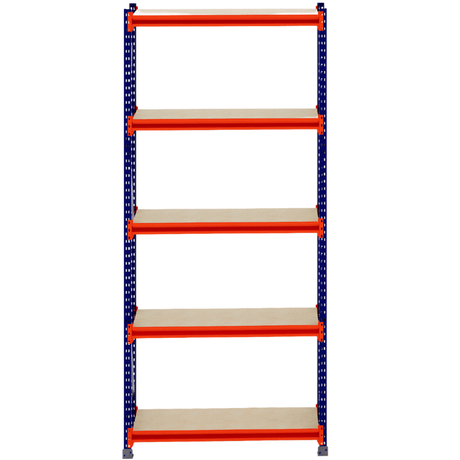RackZone Longspan Shelving 400mm, timber shelves, blue frame, orange supports.