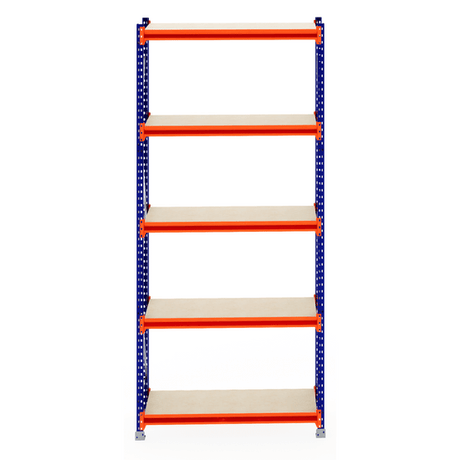 RackZone Longspan Shelving 600mm, 5 shelves, blue frame, orange supports.