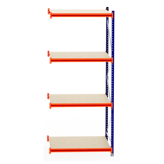RackZone Longspan Shelving, 4 wood shelves, orange supports, 800mm extender.