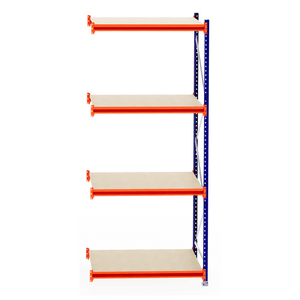 RackZone Longspan Shelving, 4 wood shelves, orange supports, 800mm extender.