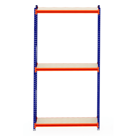 RackZone Longspan Shelving 400mm Laminated Timber Starter, blue/orange frame.