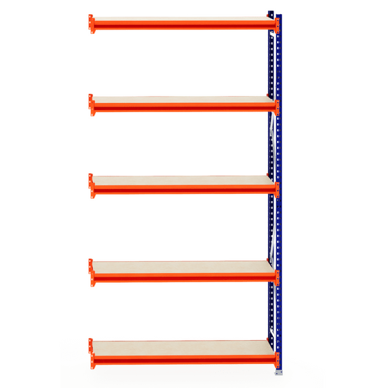 RackZone Longspan 400mm shelving with laminated timber shelves and orange supports.
