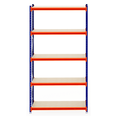 RackZone Longspan Shelving, 6 timber shelves, blue frame & orange supports.
