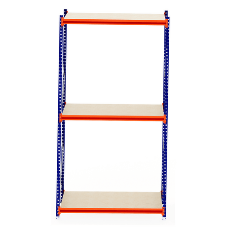 RackZone Longspan Shelving, blue frame with laminated timber shelves, 800mm deep.