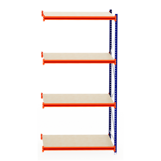 RackZone Longspan Shelving 800mm, laminated timber, four-tier extender unit.