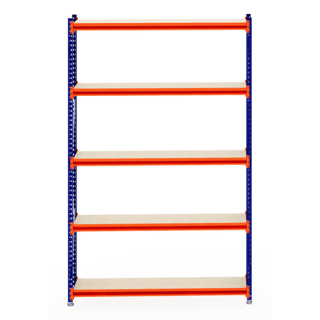 RackZone Longspan Shelving 400mm Starter, orange shelves, blue frame, front view.