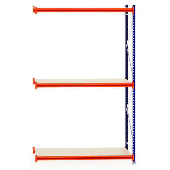 RackZone Longspan Shelving 800mm Laminated Timber Extender, orange & blue.