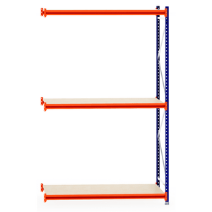RackZone Longspan Shelving 800mm Laminated Timber Extender, orange & blue.