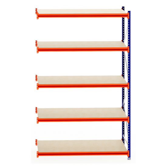 RackZone Longspan Shelving Extender, 6 beige shelves with orange supports.