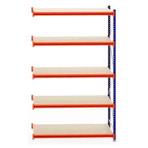 RackZone Longspan Shelving Extender, 6 beige shelves with orange supports.